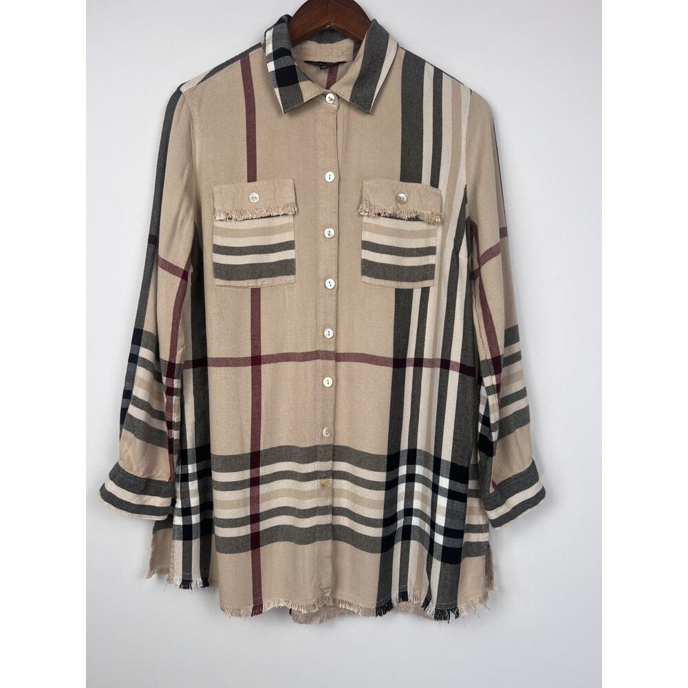 JHON.MARK PLaid Button Down Shirt M Tan Black Check Long Sleeve Frayed Hem - Picture 2 of 9